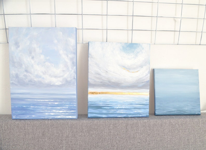 Ocean and Gold Sunrise Original Acrylic Painting on Canvas Blue Coastal Wall Art Original