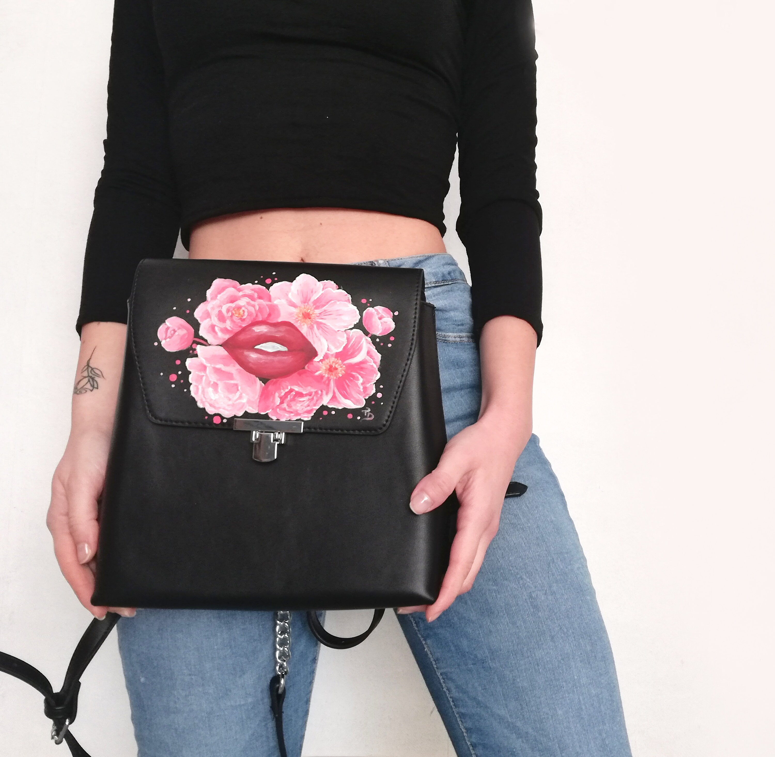 Hand Painted Black Backpack - Floral Design - Faux Leather 