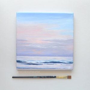 Original Acrylic Painting on Canvas | Ocean Wall Art Pink Sunset Cloud Painting | Aesthetic Decor | Mini Seascape Painting | Summer Gift