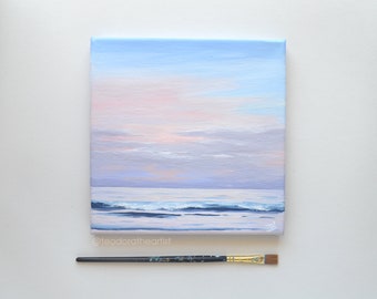 Original Acrylgemälde auf Leinwand | Ozean Wandkunst Rosa Sonnenuntergang Wolke Malerei | Ästhetisches Dekor | Mini Seelandschaft Malerei | Sommer Geschenk