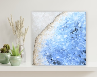 Original Abstract Artwork of Crystal Geode- Blue Celestite | Textured Acrylic Painting on Canvas | Modern Boho Wall Art Bedroom Decor