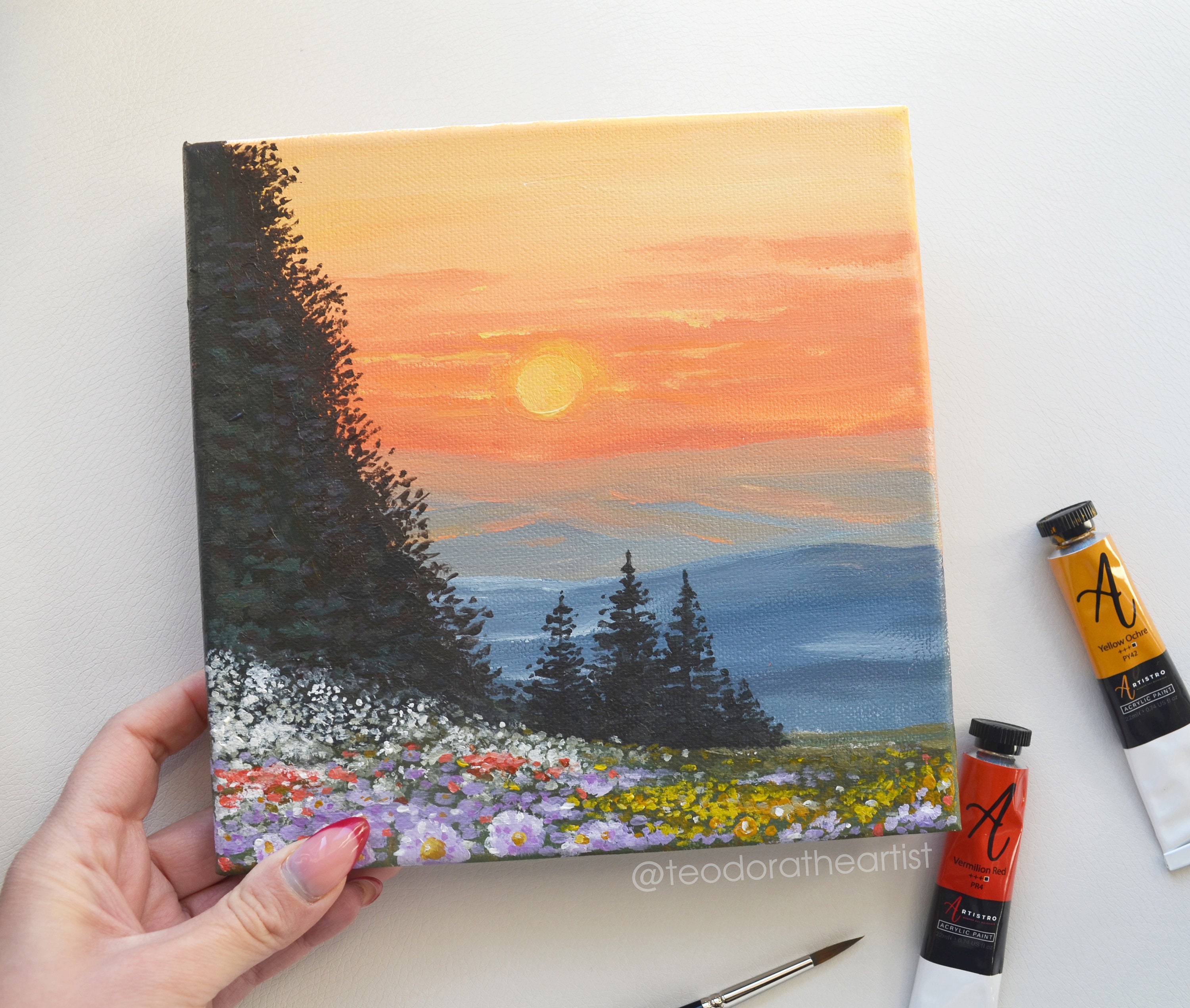 Original Acrylic Painting on Small Canvas Colorful Landscape Wall Art  Sunset Mountain, Pine Trees, Spring Flowers Aesthetic Room Decor -   Finland