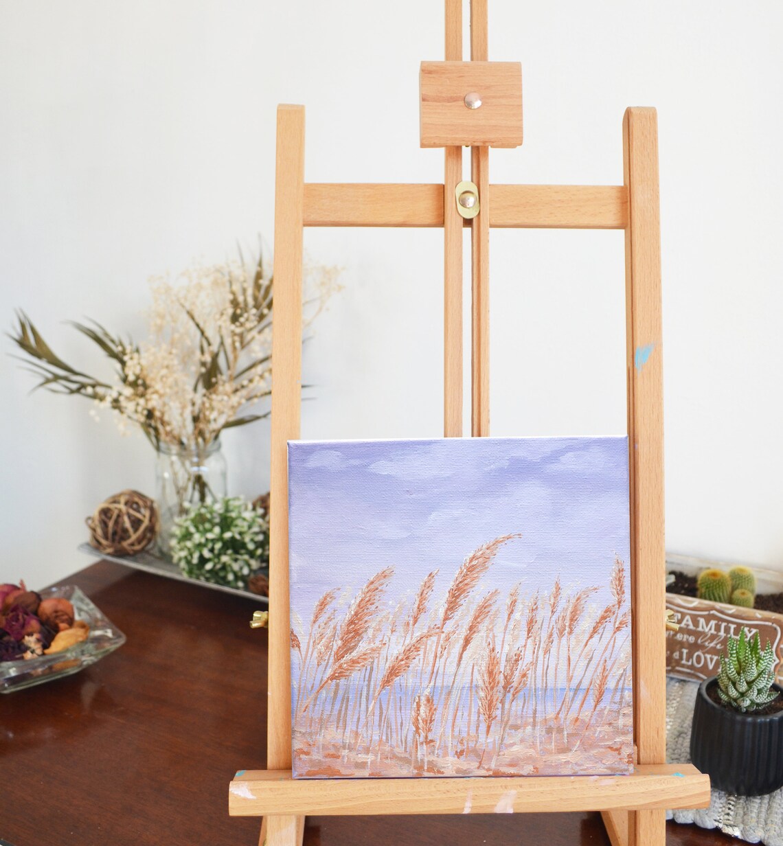 Pampas Grass Original Art Acrylic Painting Purple Coastal Wall Art