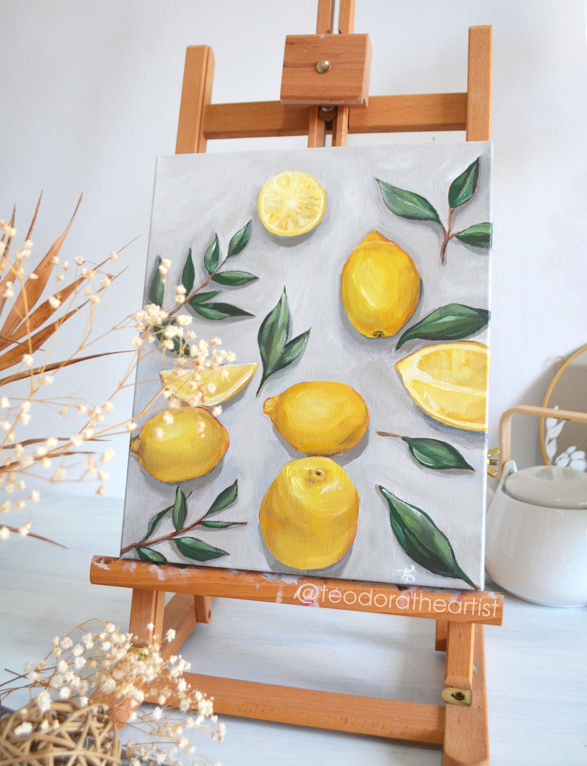 キャンバスに描かれたレモンのアクリル画 | キッチンの壁アート