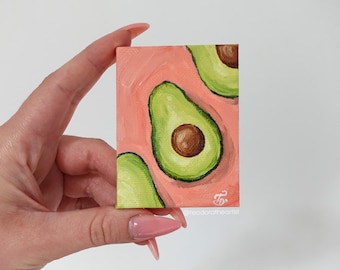 Original Tiny Avocado Mini Canvas Painting | Cute Artwork Food Painting for Aesthetic Desk or Kitchen Dopamine Decor |  Hand Painted Fruit
