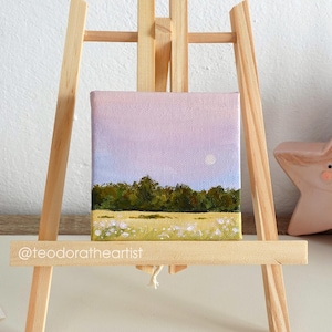 Pequena pintura de campo em mini tela | Arte original de paisagem acrílica em tela pequena | Linda arte de decoração de mesa de pôr do sol roxo e lua