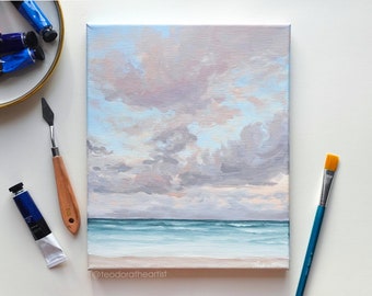 Original Painting on Canvas | Ocean, Clouds & Sunset Aesthetic Wall Art | Seascape Acrylic Painting