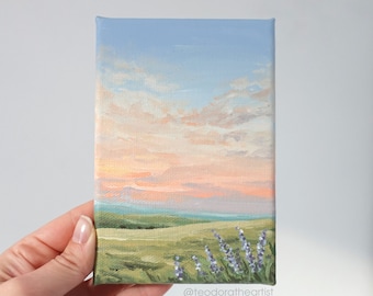 Original Acrylic Painting on Small Canvas | Soft Pastel Landscape Painting on Mini Canvas | Pink Sunset Wall Art | Clouds Painting