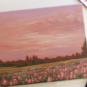 Original Landscape Painting on Canvas | Pink Clouds & Sunset Country Landscape Painting | Aesthetic Wall Art | Acrylic Painting
