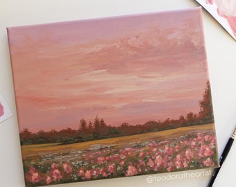 Original Landscape Painting on Canvas | Pink Clouds & Sunset Country Landscape Painting | Aesthetic Wall Art | Acrylic Painting
