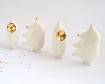 Ceramic Alien Figure in White Clay with Real Gold Details, "Spikes" Shape. Ready to Ship.