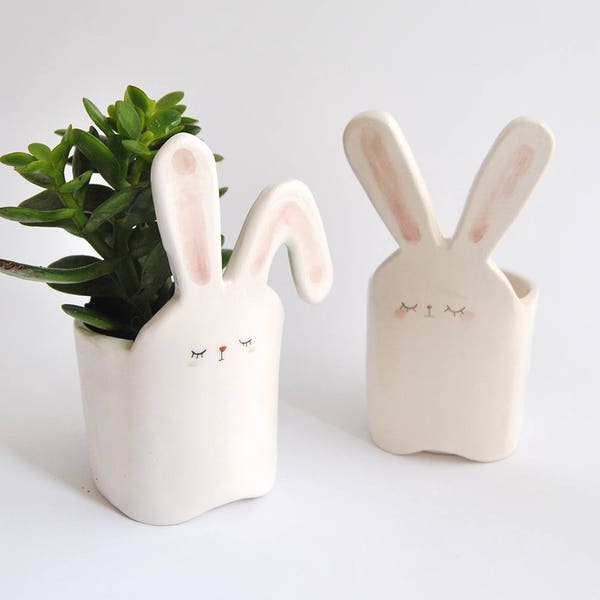 White and Pink Easter Ceramic Rabbit Planter in Two Shapes with Different Ears. Ready to Ship