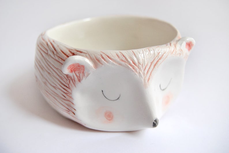 Ready To Ship Hedgehog Bowl in White Clay Decorated with Pigments in Brown Pink and Black