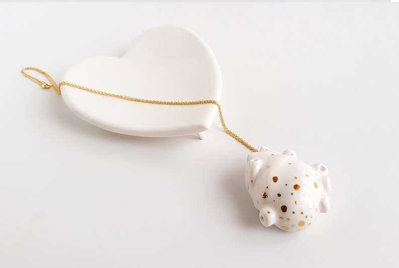 Valentine/'s Heart Necklace Ready to Ship with 22k Real Gold Details and Gold Plated Silver Chain Heart Ceramic Pendant