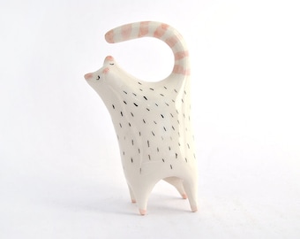 Ceramic Chubby Cat Miniature in White Clay and Decorated with Pigments in Pink and Black. Ready to Ship