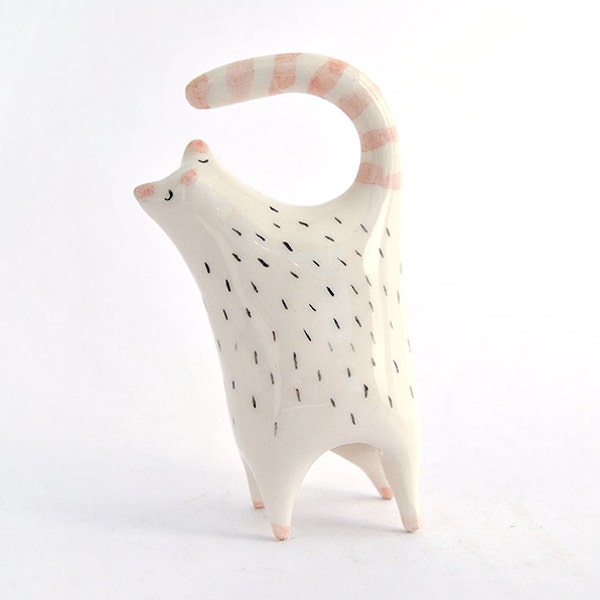 Ceramic Chubby Cat Miniature in White Clay and Decorated with Pigments in Pink and Black. Ready to Ship