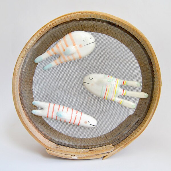 Set of Three Ceramic Fish Magnets, Decorated with color stripes. Ready To Ship