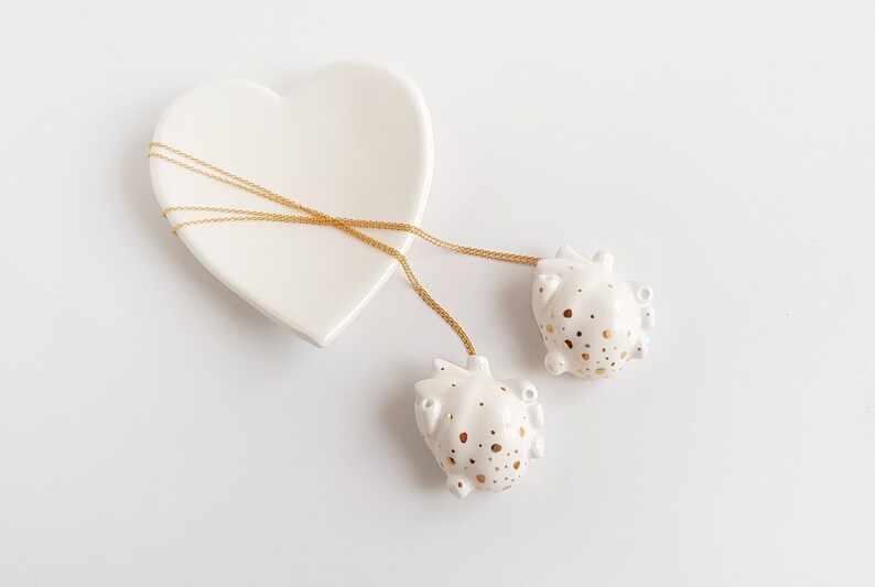Valentine/'s Heart Necklace Ready to Ship with 22k Real Gold Details and Gold Plated Silver Chain Heart Ceramic Pendant