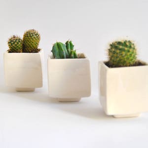 Set of Three Geometric Ceramic Planters, Cube Shaped and in Plain White Color. Ideal for Cactus, Succulents and Air Plants. Ready to Ship image 4