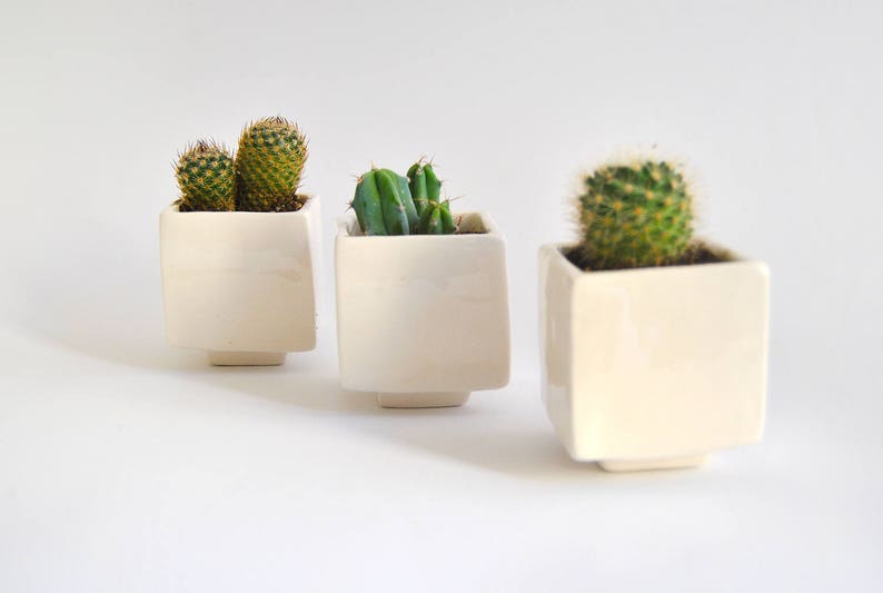 Set of Three Geometric Ceramic Planters, Cube Shaped and in Plain White Color. Ideal for Cactus, Succulents and Air Plants. Ready to Ship image 4