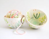 Ceramic Yarn Bowl or Knitting Bowl With Flowers and Plants Decoration. Ready to Ship