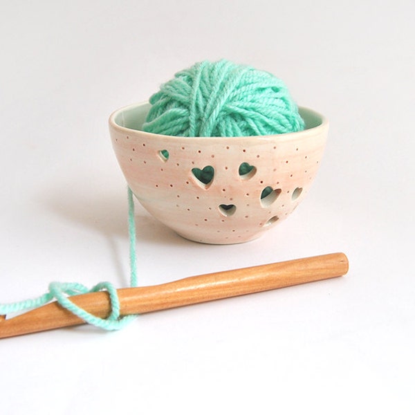 Ceramic Yarn Bowl, Knitting Bowl, Hand Painted with Hearts in Pink Color. Ready To Ship