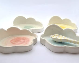 Ceramic Spoon Rest with Cloud Shaped in Blue, Green, Pink or Yellow Decoration. Ready to Ship