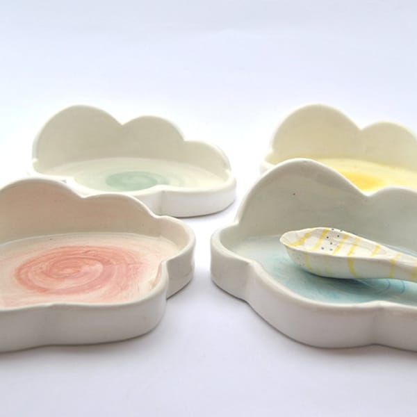 Ceramic Spoon Rest with Cloud Shaped in Blue, Green, Pink or Yellow Decoration. Ready to Ship
