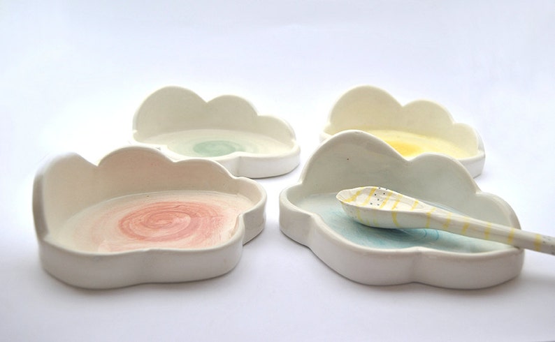 Ceramic Spoon Rest with Cloud Shaped in Blue, Green, Pink or Yellow Decoration. Ready to Ship 