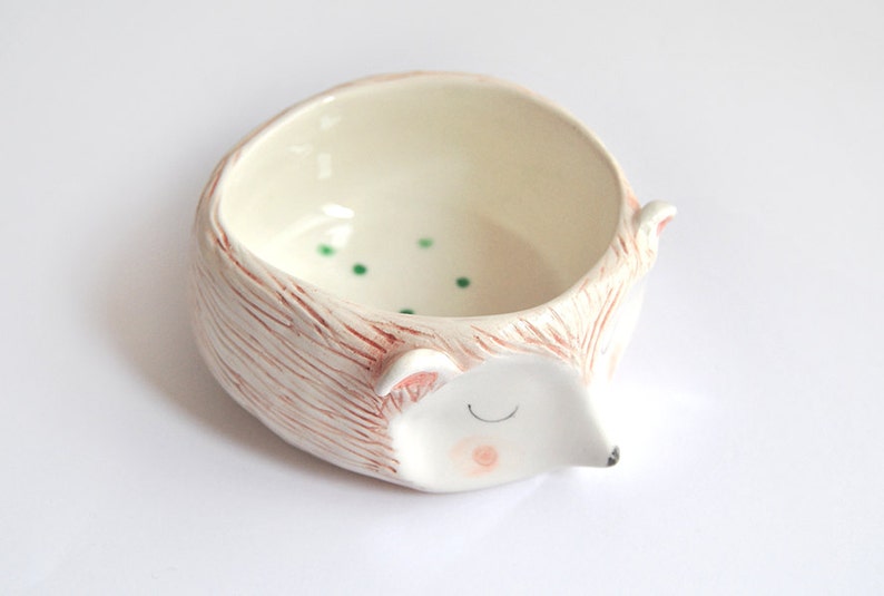 Ready To Ship Hedgehog Bowl in White Clay Decorated with Pigments in Brown Pink and Black