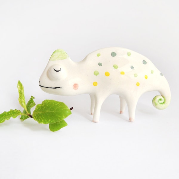 Chameleon Miniature. Maded in White Ceramic with Green and Yellow Polka Dots. Ready To Ship