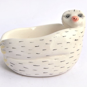 Ceramic Baby Sloth Bowl in White Clay and Decorated with Pigments in Pink and Black Colors. Ready To Ship