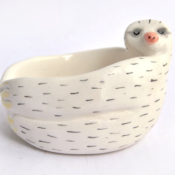 Ceramic Baby Sloth Bowl in White Clay and Decorated with Pigments in Pink and Black Colors. Ready To Ship