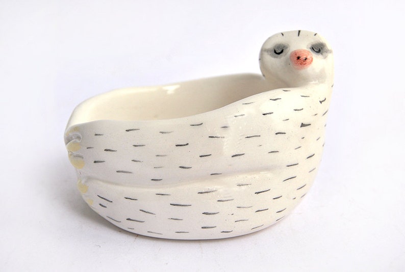 Ceramic Baby Sloth Bowl in White Clay and Decorated with Pigments in Pink and Black Colors. Ready To Ship 