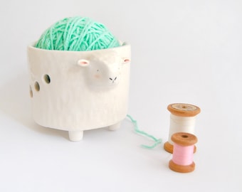 Ceramic Yarn Bowl, White Sheep Shape. Ceramic Knitting Bowl, Sheep Crochet Bowl. Made to Order