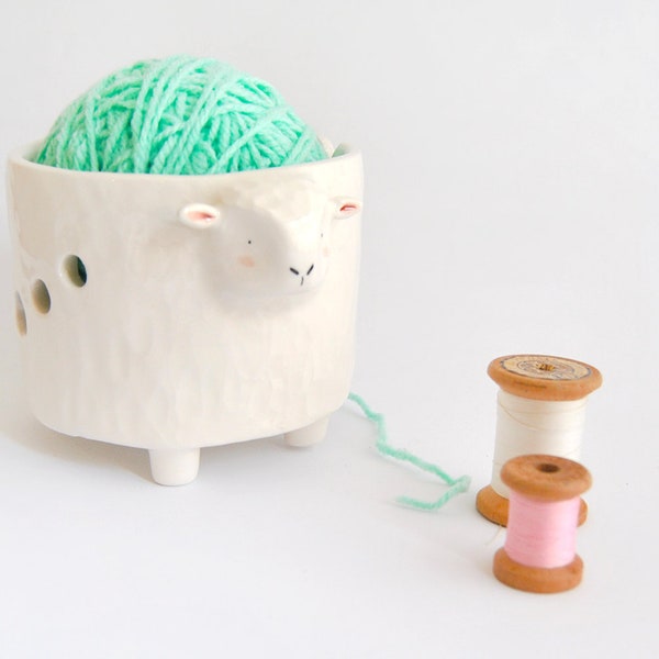 Ceramic Yarn Bowl, White Sheep Shape. Ceramic Knitting Bowl, Sheep Crochet Bowl. Ready to Ship