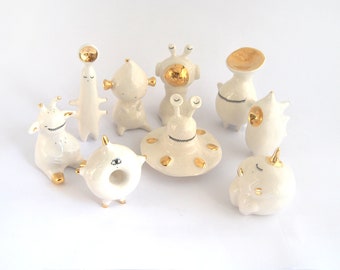 Set of 9 Ceramic Alien Figures in White Clay with Real Gold Details. Made to Order