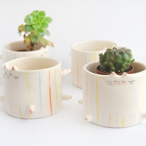 Ceramic Chubby Cat Flower Pot, With Multicolor Stripes. Cute Fat Cat Planter for Small Plants, Cactus and Succulents Ready to Ship