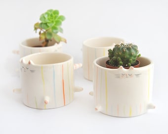 Ceramic Chubby Cat Flower Pot, With Multicolor Stripes. Cute Fat Cat Planter for Small Plants, Cactus and Succulents Ready to Ship