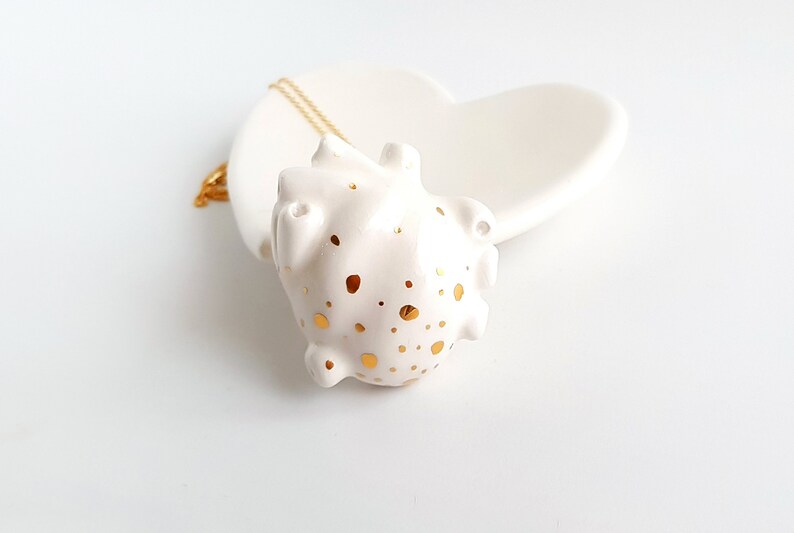 Valentine/'s Heart Necklace Ready to Ship with 22k Real Gold Details and Gold Plated Silver Chain Heart Ceramic Pendant