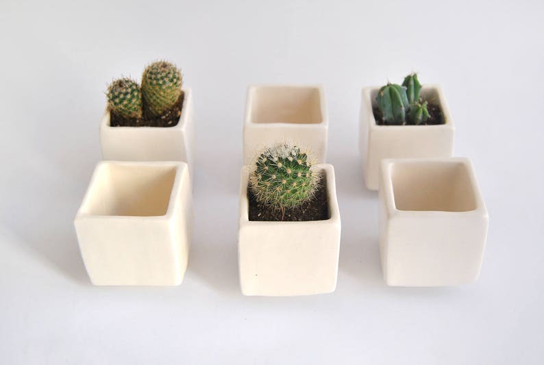 Set of Three Geometric Ceramic Planters, Cube Shaped and in Plain White Color. Ideal for Cactus, Succulents and Air Plants. Ready to Ship image 5