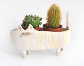 Ceramic Siamese Cat Planter. Siamese Cat Bowl Decorated with Multicolor Stripes. Ready to Ship