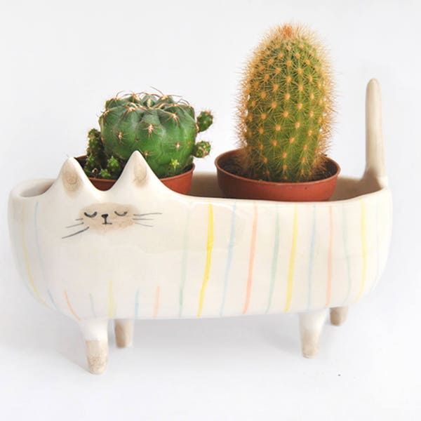 Ceramic Siamese Cat Planter. Siamese Cat Bowl Decorated with Multicolor Stripes. Ready to Ship