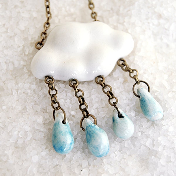 White Ceramic Cloud Pendant with Little Blue Raindrops and Bronze Chain. Ready To Ship