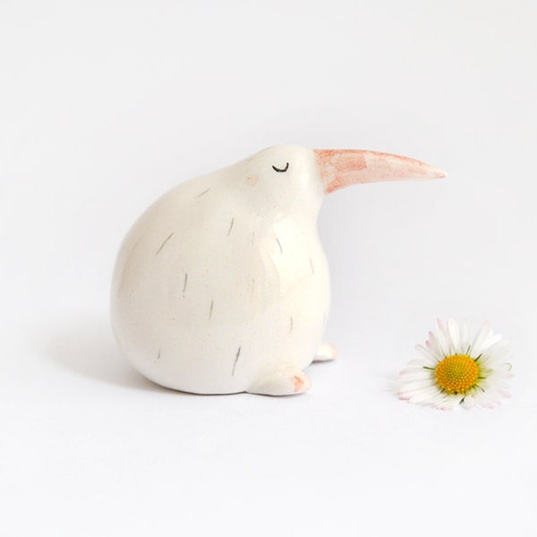 Kiwi Miniature. Maded in White Ceramic Decorated with Black Feathers and Orange Beak. Ready To Ship