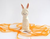 Little Vampire Figure of Ceramic, with his Bunny Sleepwear with Blue Polka Dots. Ready To Ship