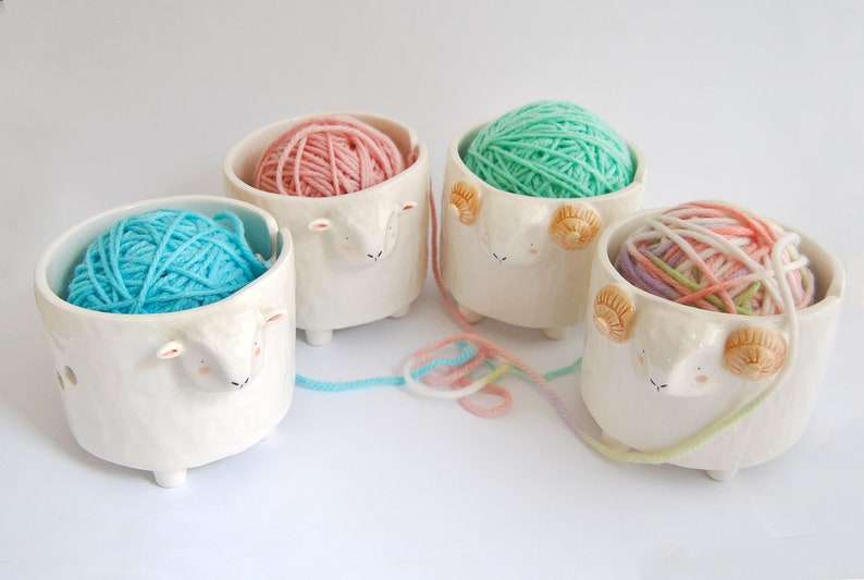 Ceramic Yarn Bowl, White Sheep Shape. Ceramic Knitting Bowl, Sheep Crochet Bowl. image 6