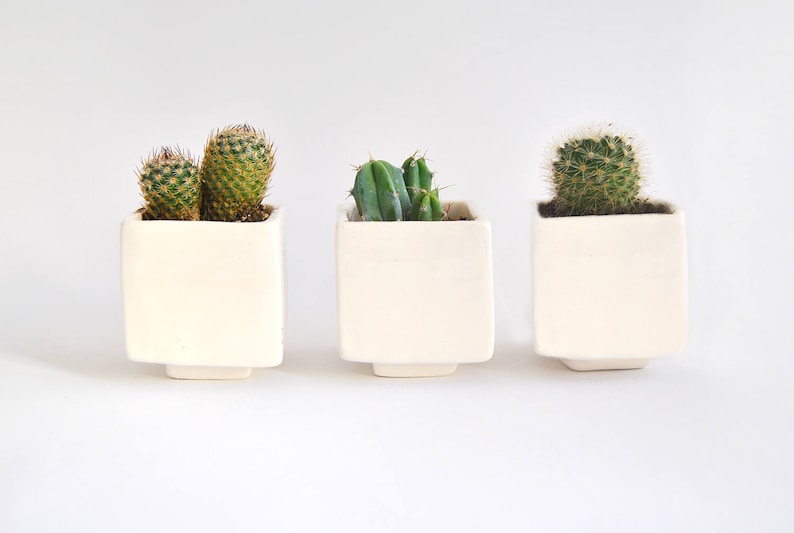 Set of Three Geometric Ceramic Planters, Cube Shaped and in Plain White Color. Ideal for Cactus, Succulents and Air Plants. Ready to Ship image 1