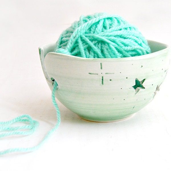 Green Christmas Stars Ceramic Yarn Bowl, Knitting Bowl, Crochet Bowl , with Openwork of Stars. Ready To Ship