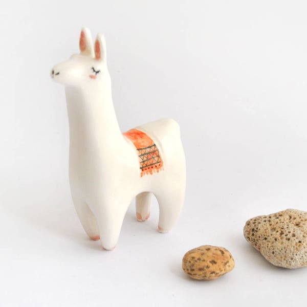 Cute Llama Figure with Orange Jacquard Blanket in White Ceramic. Ready to Ship